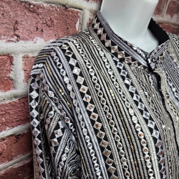 Metallic Kurta M | Silver Black Long Sleeve Festival Boho Ethnic Statement Top - Picture 4 of 9